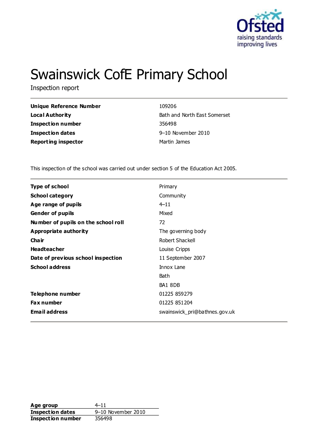 Swainswick Cofe Primary School Inspection Report