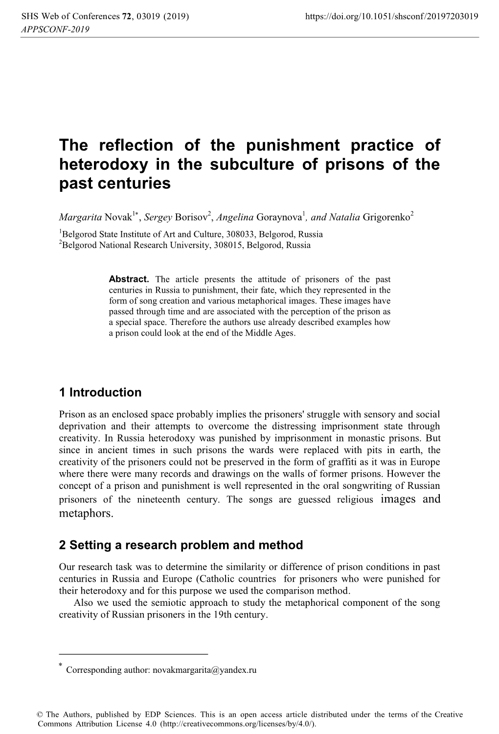 The Reflection of the Punishment Practice of Heterodoxy in the Subculture of Prisons of the Past Centuries