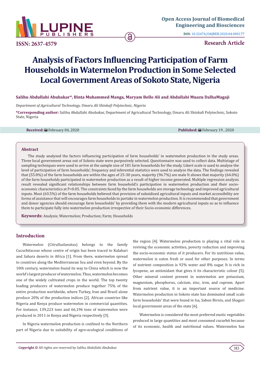 Analysis of Factors Influencing Participation of Farm Households in Watermelon Production in Some Selected Local Government Areas of Sokoto State, Nigeria