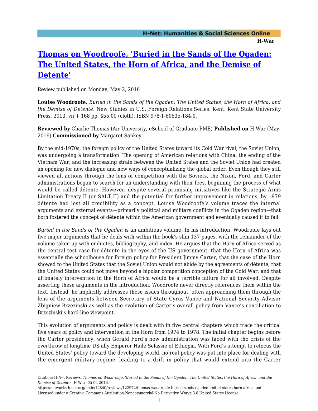 Thomas on Woodroofe, 'Buried in the Sands of the Ogaden: the United States, the Horn of Africa, and the Demise of Detente'