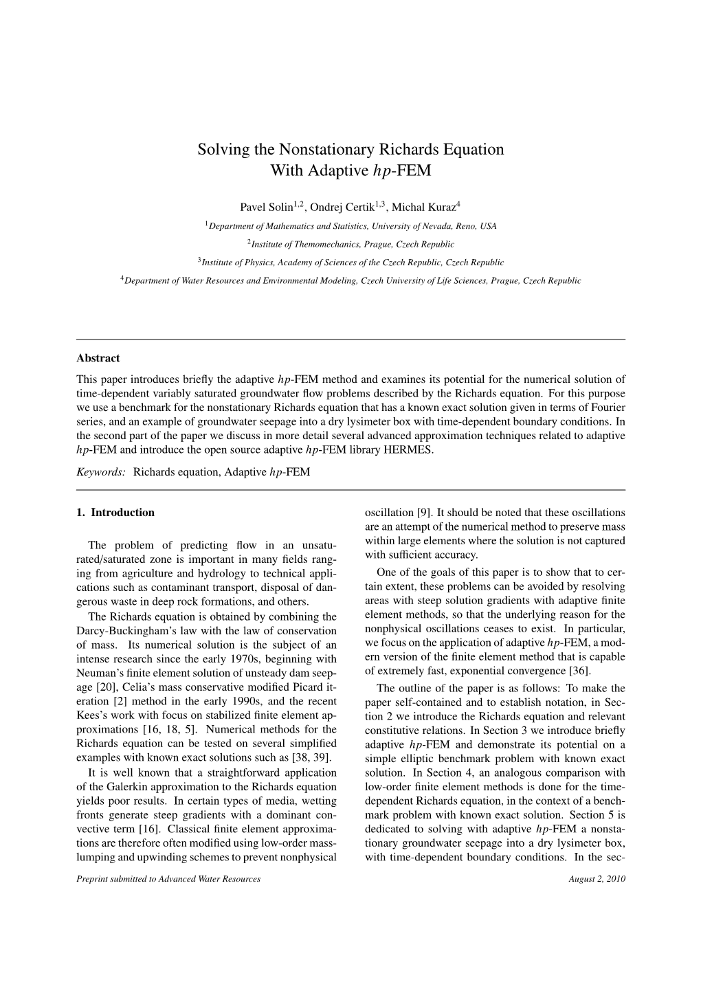 Solving the Nonstationary Richards Equation with Adaptive Hp-FEM