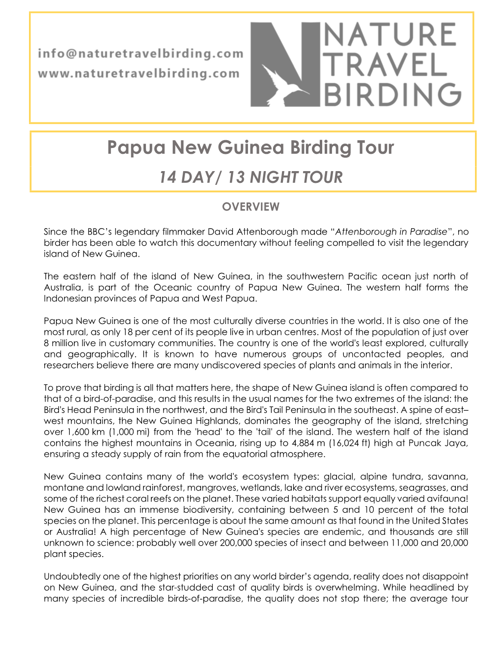Papua New Guinea Birding Tour 14 DAY/ 13 NIGHT TOUR