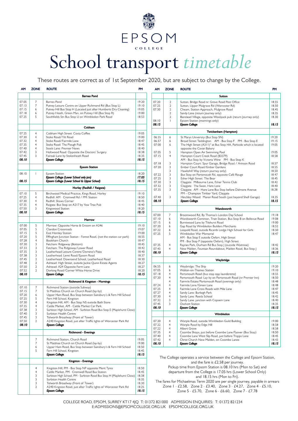 School Transport Timetable School Transport Timetable