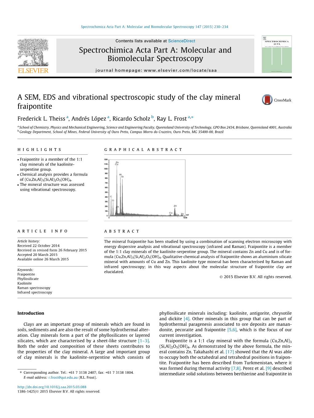 A SEM, EDS and Vibrational Spectroscopic Study of the Clay Mineral Fraipontite ⇑ Frederick L