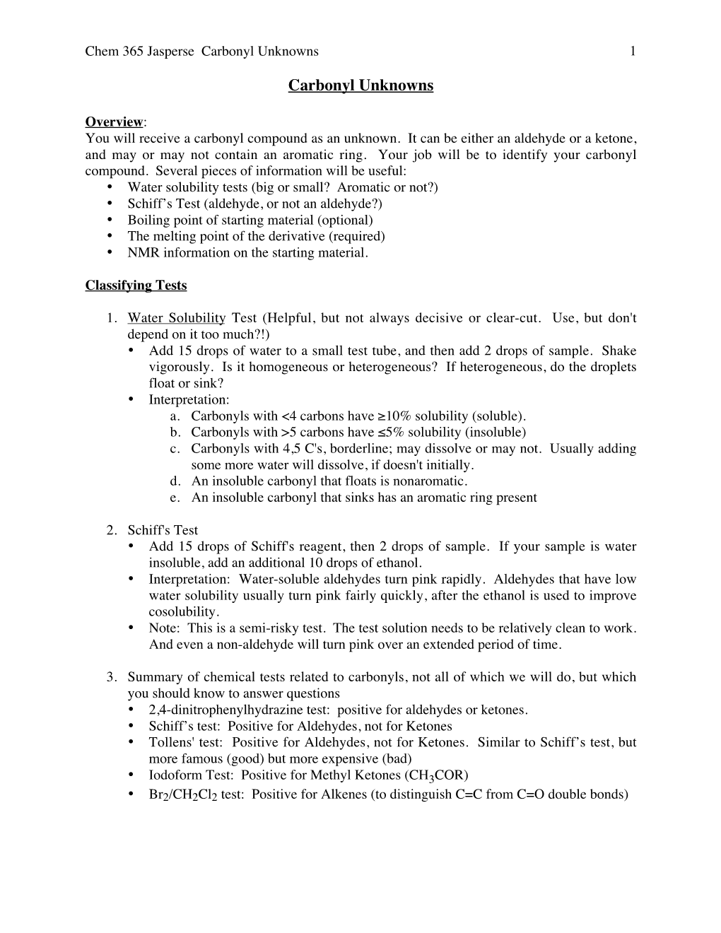 Carbonyl Unknowns 1