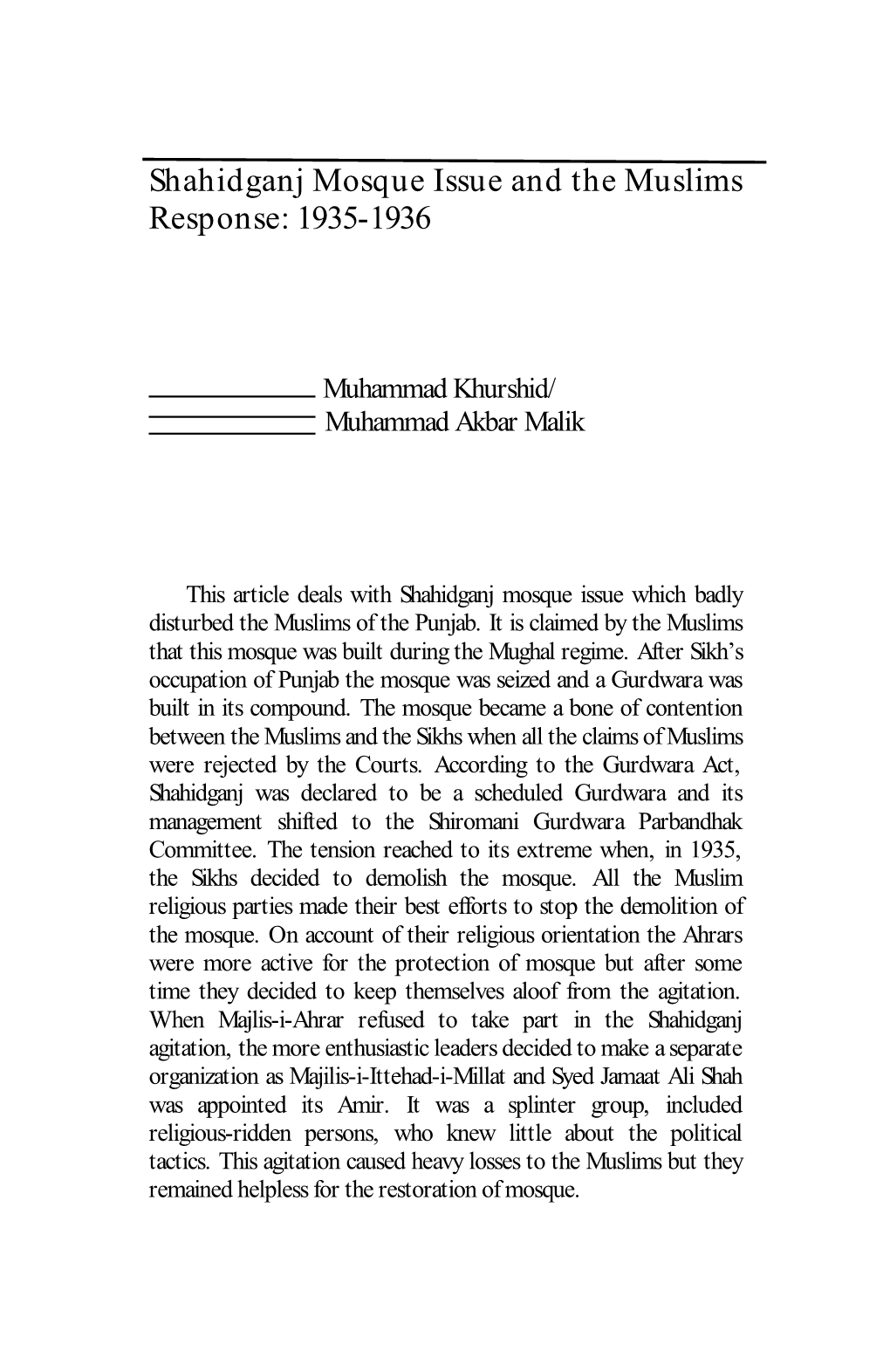 Shahidganj Mosque Issue and the Muslims Response: 1935-1936