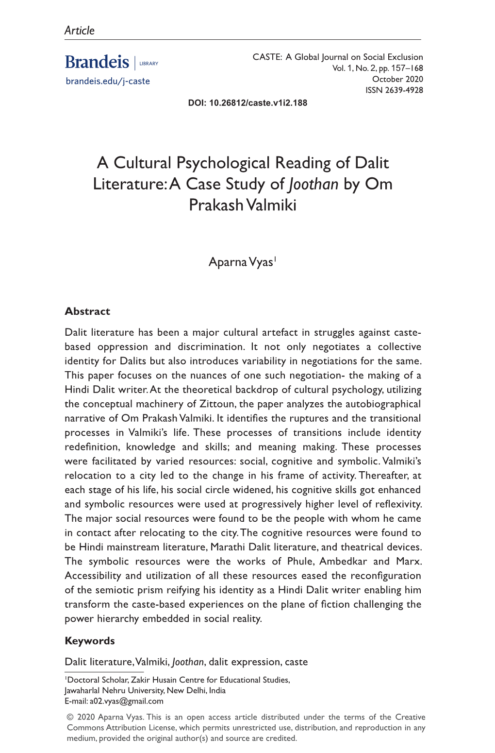 A Cultural Psychological Reading of Dalit Literature: a Case Study of Joothan by Om Prakash Valmiki