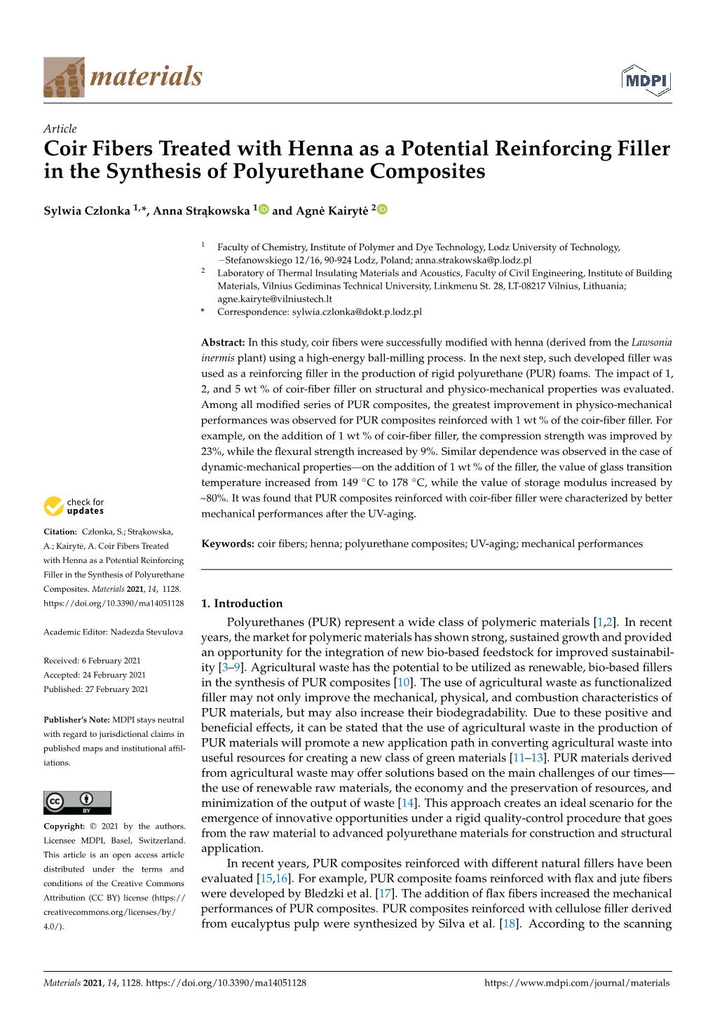 Coir Fibers Treated with Henna As a Potential Reinforcing Filler in the Synthesis of Polyurethane Composites