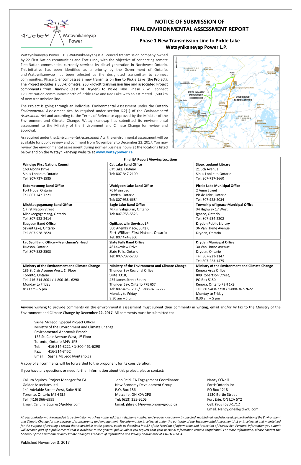 Notice of Submission of Final Environmental Assessment Report