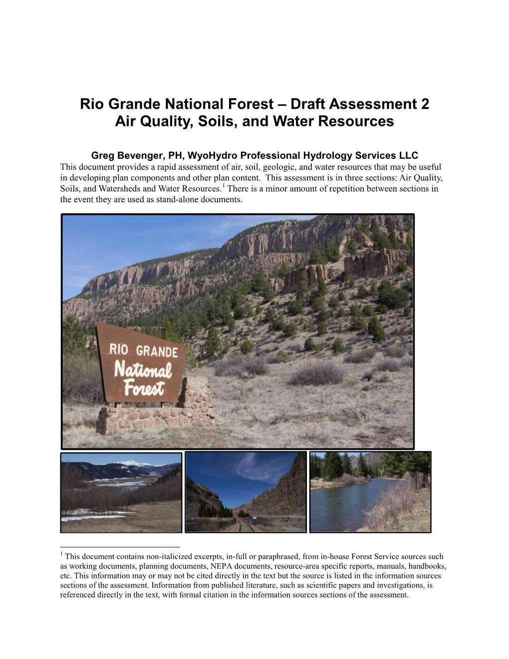 Rio Grande National Forest – Draft Assessment 2 Air Quality, Soils, and Water Resources