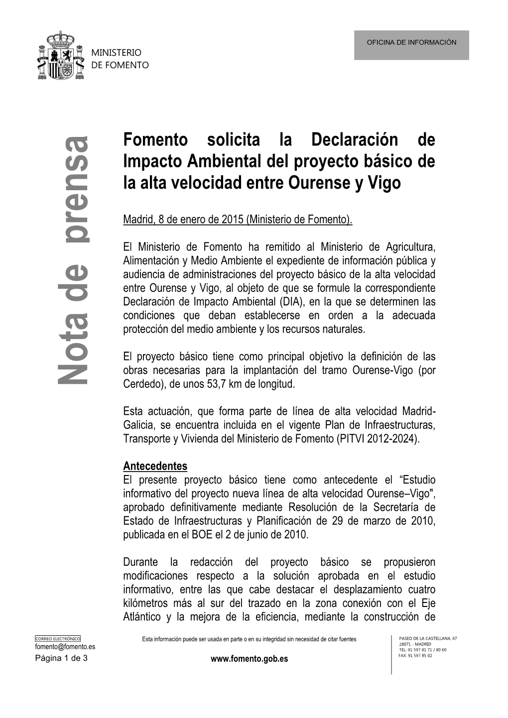Fomento Solicita La Declaración De Impacto Ambiental Del Proyecto Básico De La Alta Velocidad Entre Ourense Y Vigo