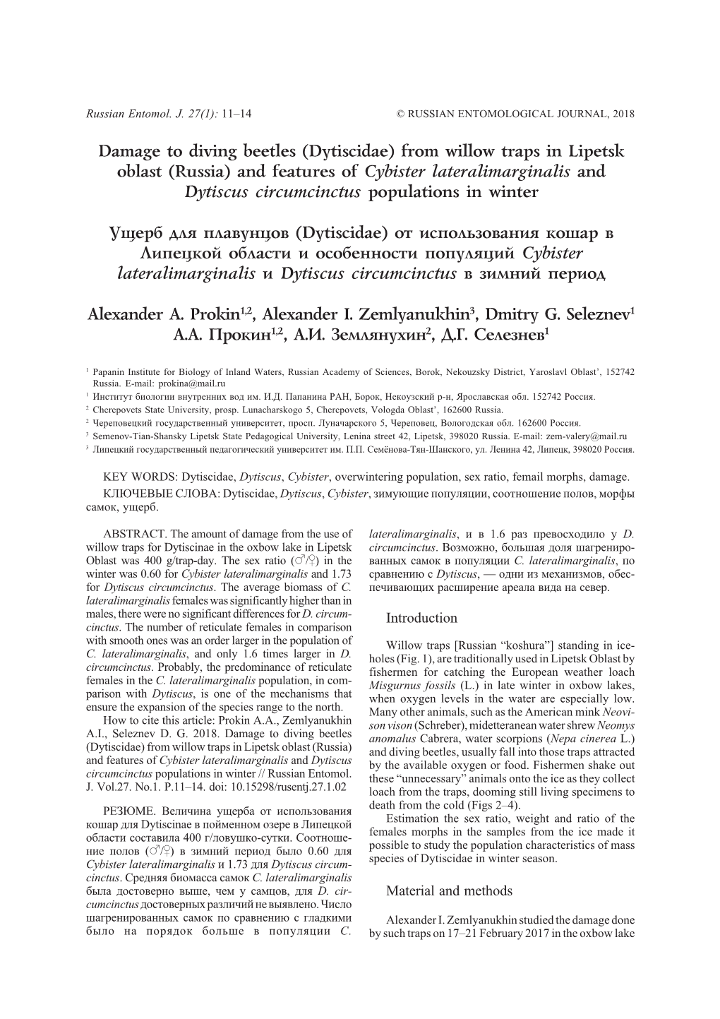 Dytiscidae) from Willow Traps in Lipetsk Oblast (Russia) and Features of Cybister Lateralimarginalis and Dytiscus Circumcinctus Populations in Winter