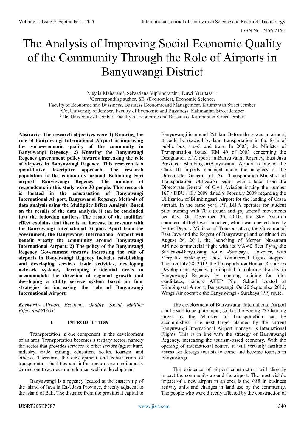 The Analysis of Improving Social Economic Quality of the Community Through the Role of Airports in Banyuwangi District