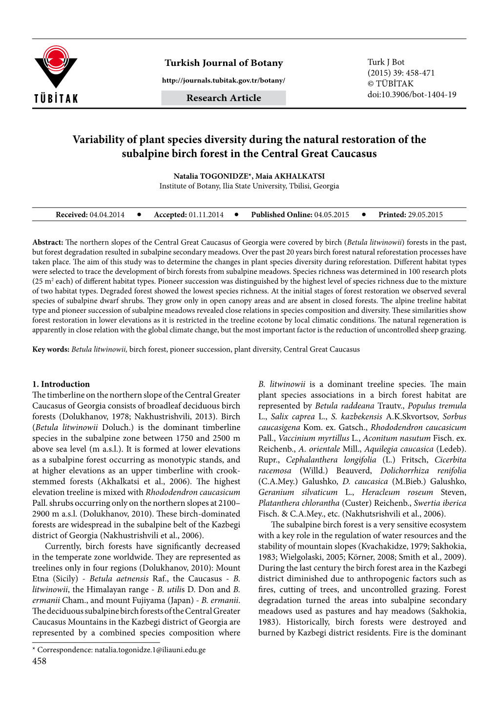 Variability of Plant Species Diversity During the Natural Restoration of the Subalpine Birch Forest in the Central Great Caucasus