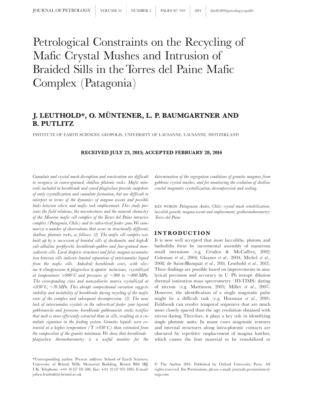 Petrological Constraints on the Recycling of Mafic Crystal Mushes and Intrusion of Braided Sills in the Torres Del Paine Mafic Complex (Patagonia)