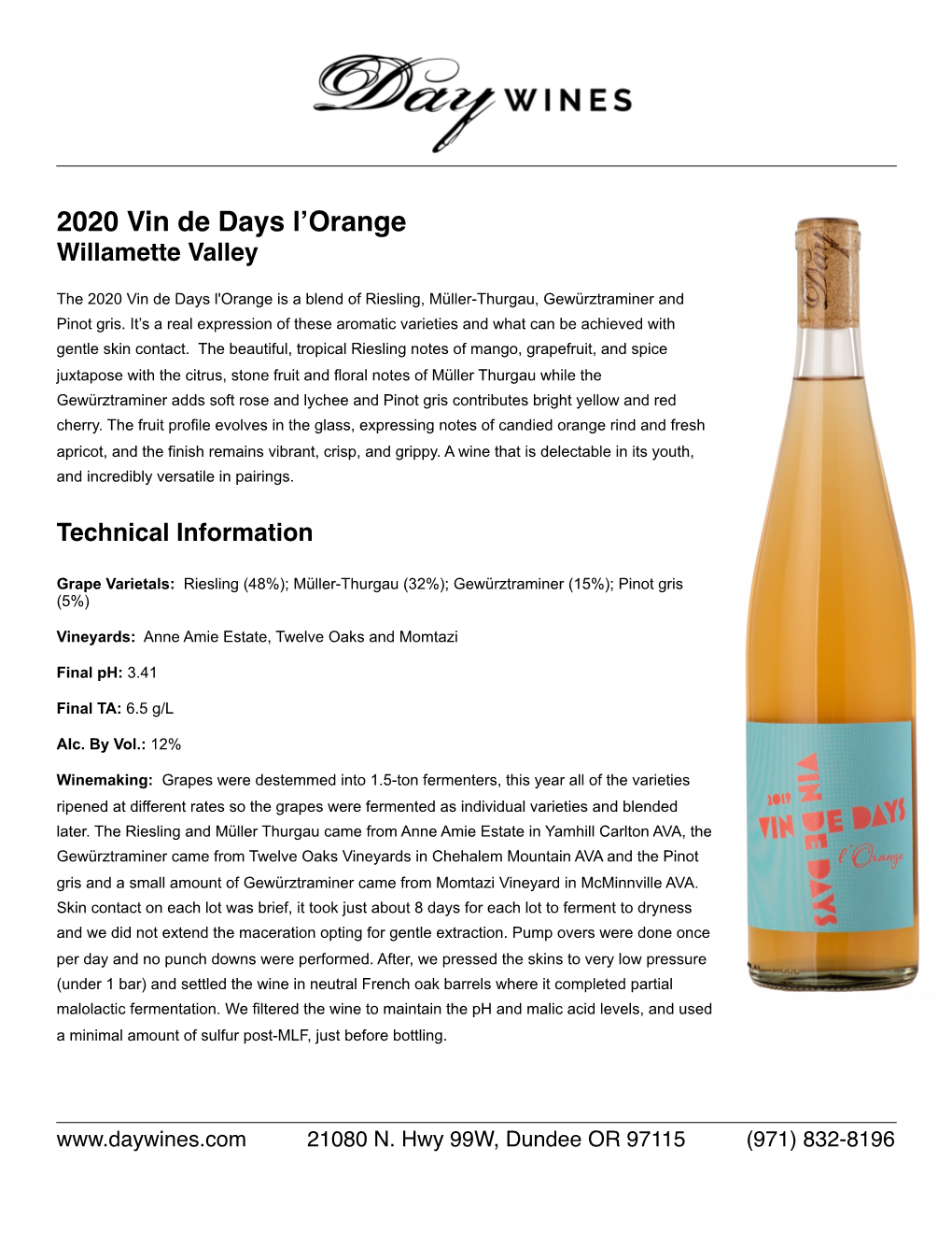 2020 Vin De Days L'orange Is a Blend of Riesling, Müller-Thurgau, Gewürztraminer and Pinot Gris