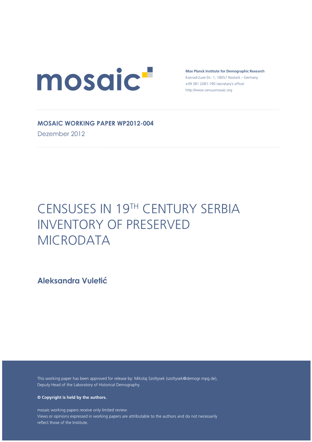 Censuses in 19Th Century Serbia Inventory of Preserved Microdata