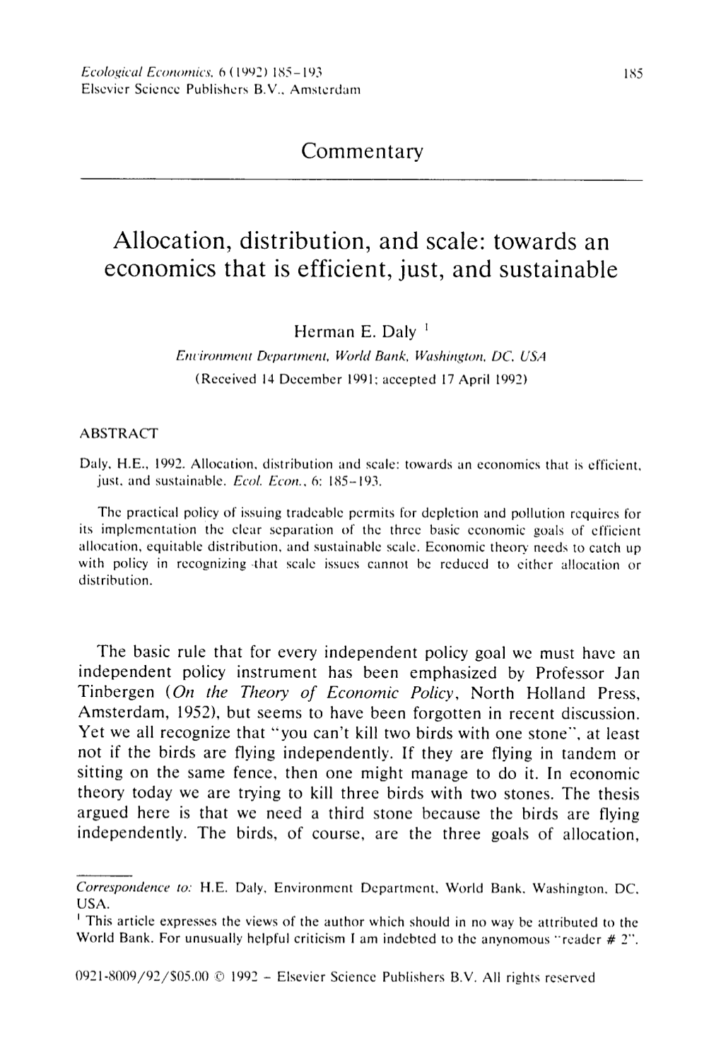 Allocation, Distribution, and Scale: Towards an Economics That Is Efficient, Just, and Sustainable