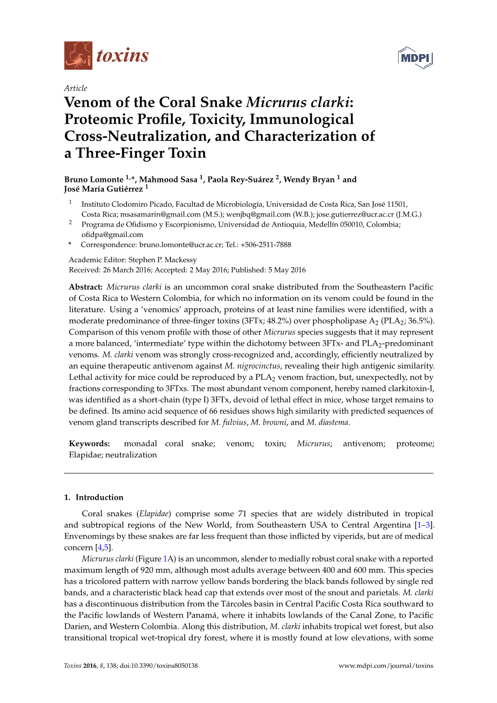 Venom of the Coral Snake Micrurus Clarki: Proteomic Proﬁle, Toxicity, Immunological Cross-Neutralization, and Characterization of a Three-Finger Toxin