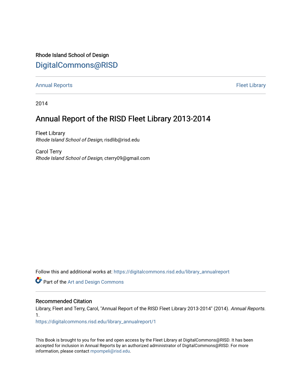 Annual Report of the RISD Fleet Library 2013-2014