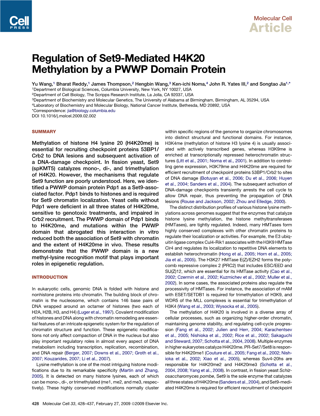 Regulation of Set9-Mediated H4K20 Methylation by a PWWP Domain Protein