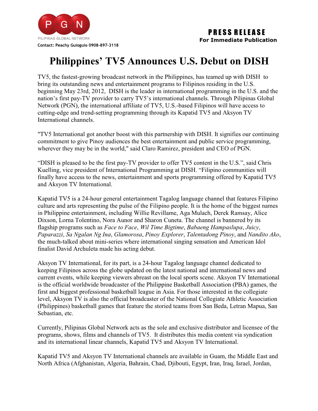 Philippines' TV5 Announces U.S. Debut on DISH