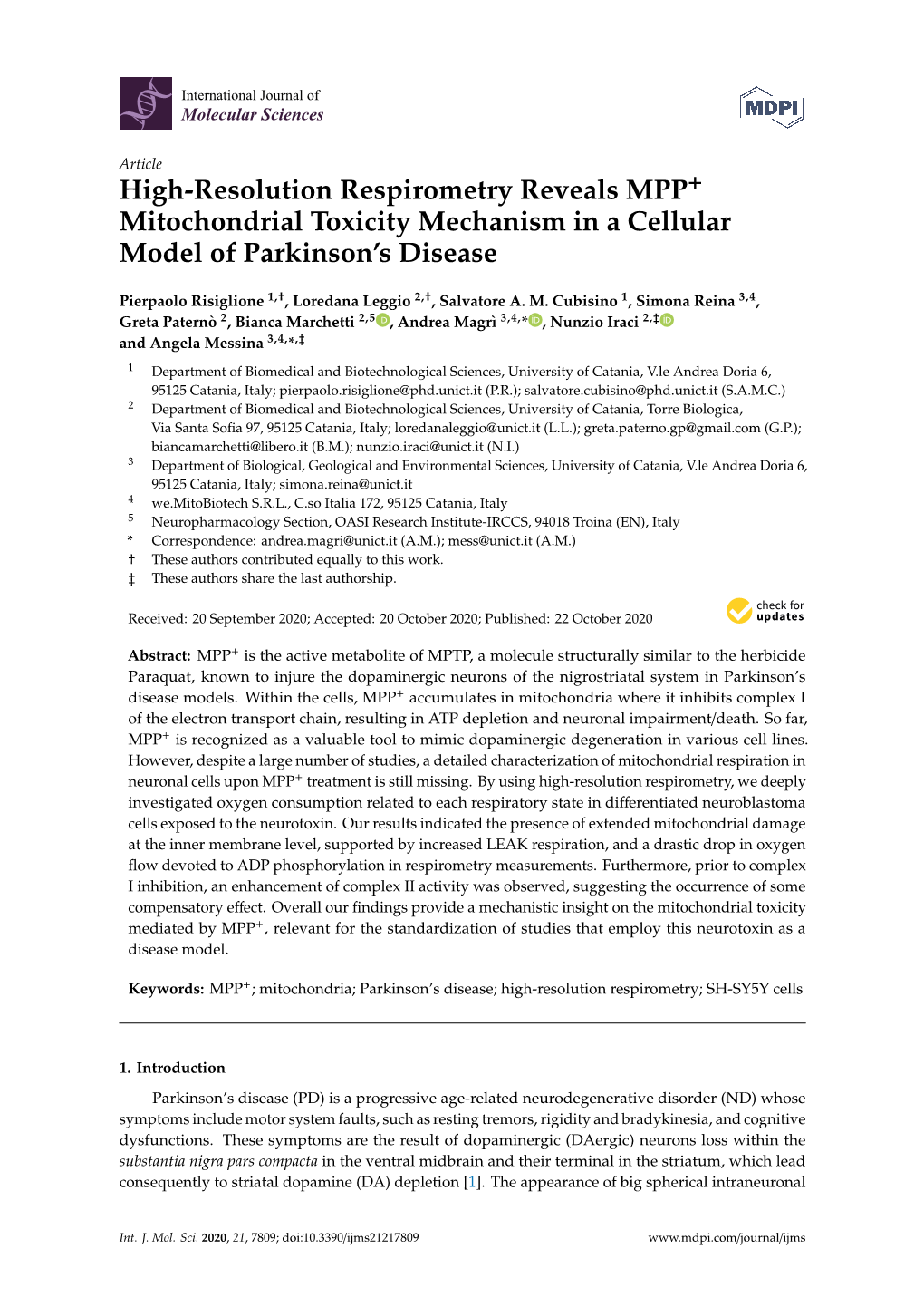 High-Resolution Respirometry Reveals MPP+ Mitochondrial Toxicity Mechanism in a Cellular Model of Parkinson’S Disease