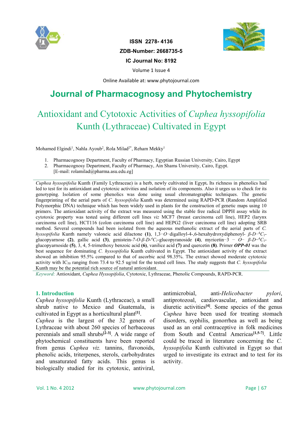 Antioxidant and Cytotoxic Activities of Cuphea Hyssopifolia Kunth (Lythraceae) Cultivated in Egypt