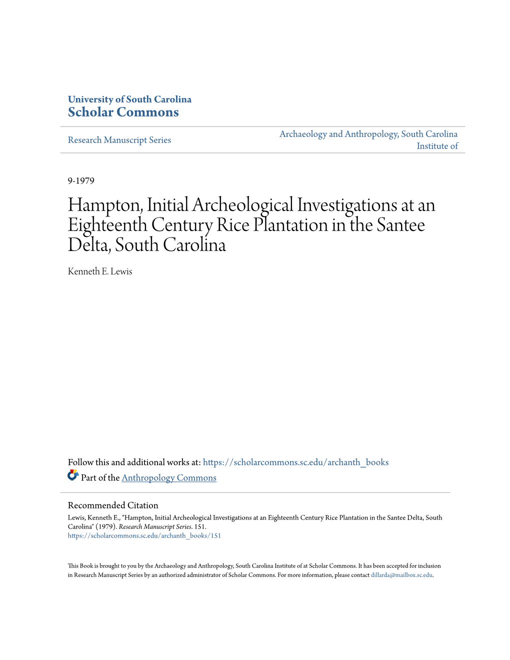 Hampton, Initial Archeological Investigations at an Eighteenth Century Rice Plantation in the Santee Delta, South Carolina Kenneth E