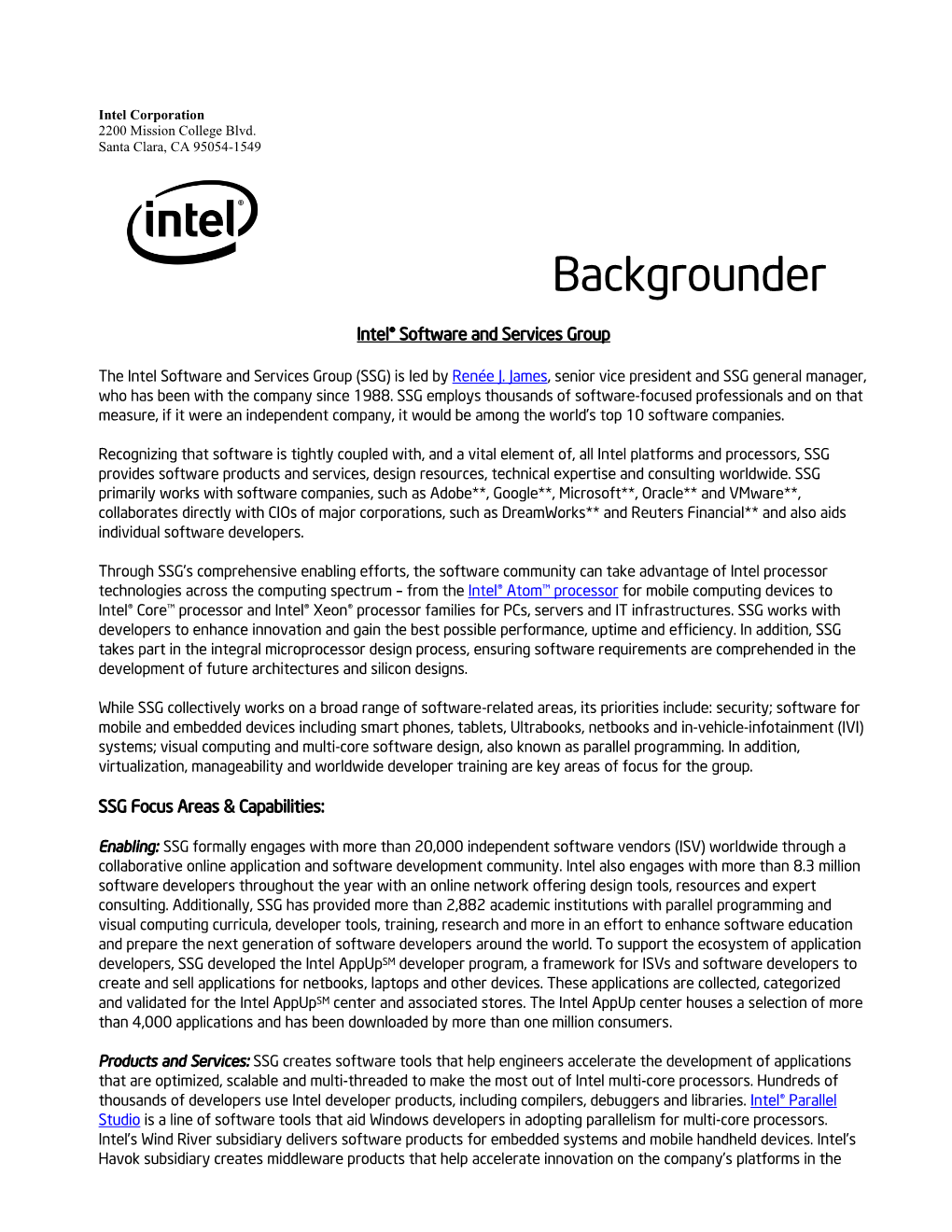 Backgrounder: Intel® Software and Services Group