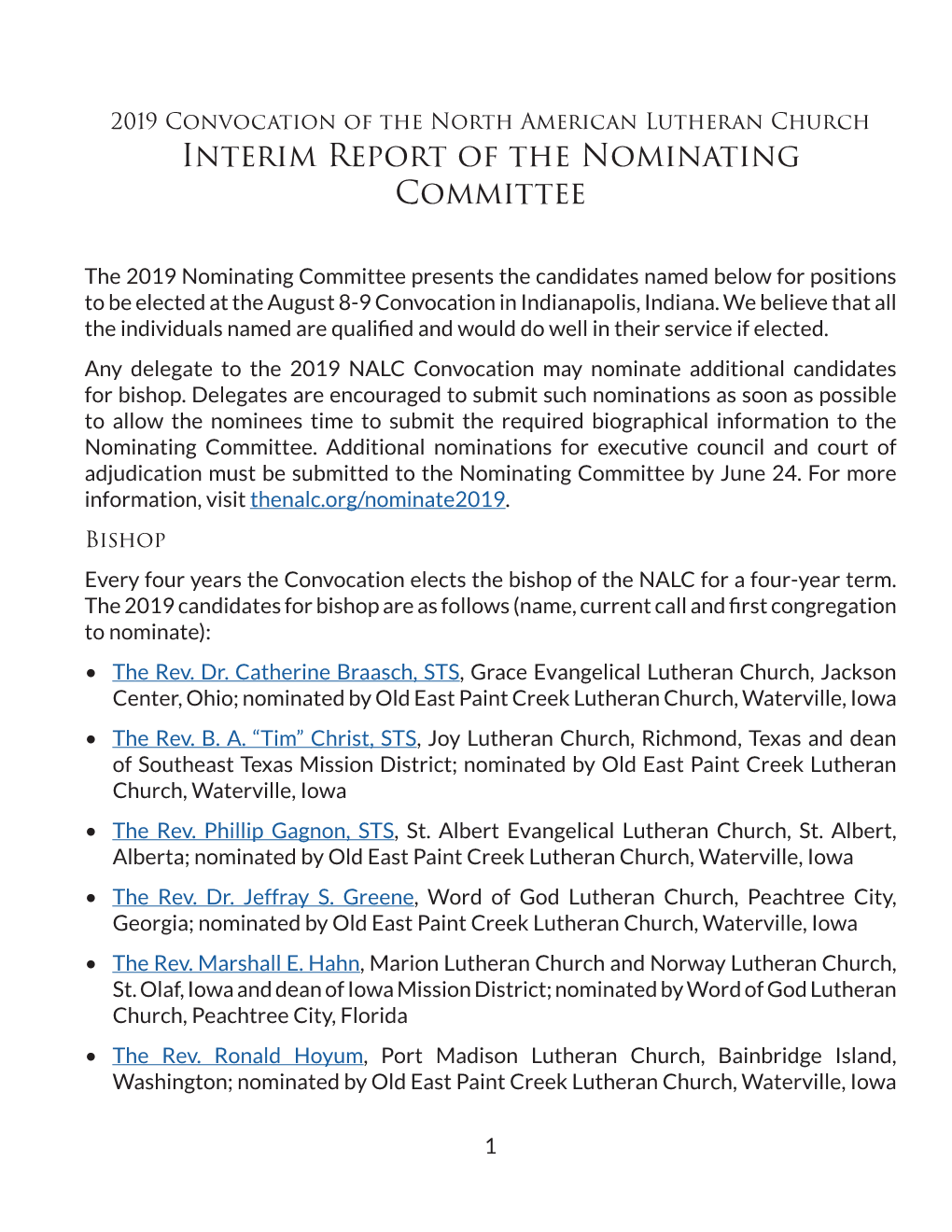 Interim Report of the Nominating Committee