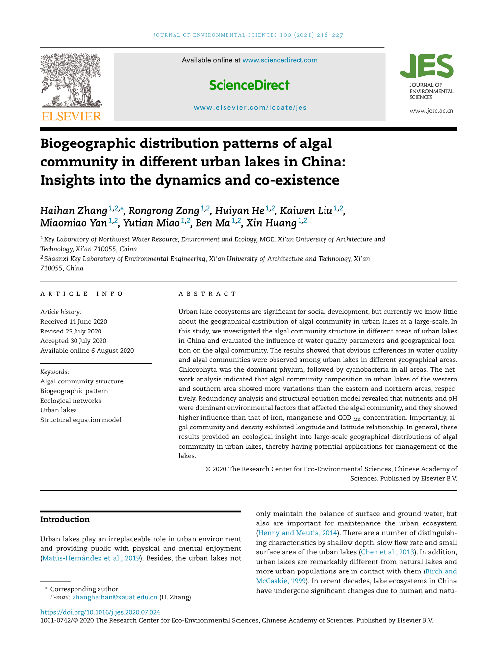 Biogeographic Distribution Patterns of Algal Community in Different Urban Lakes in China