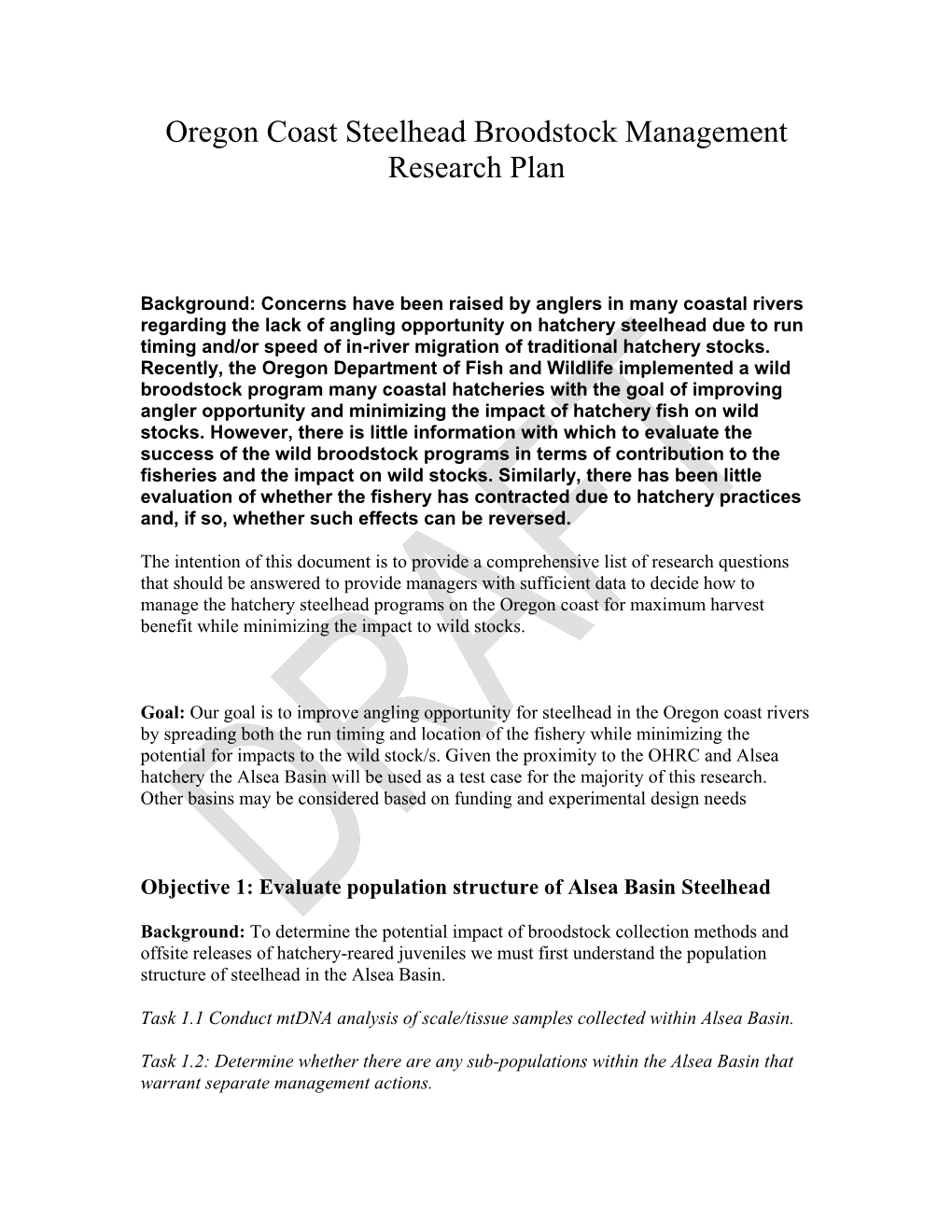 Oregon Coast Steelhead Broodstock Management Research Plan