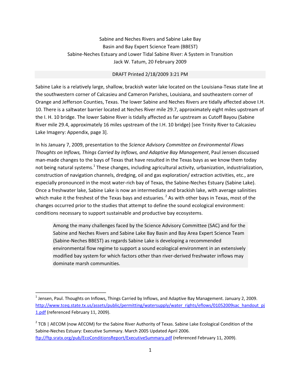 Sabine-Neches Estuary and Lower Tidal Sabine River: a System in Transition- Appendix