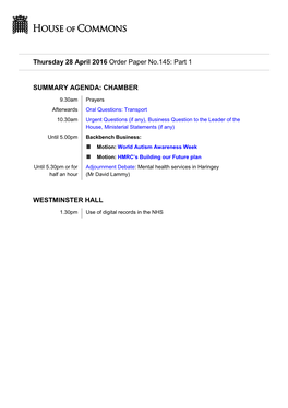 Part 1 SUMMARY AGENDA: CHAMBER WESTMINSTER HALL