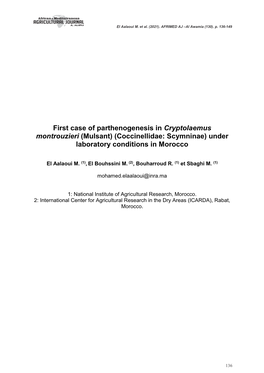 First Case of Parthenogenesis in Cryptolaemus Montrouzieri (Mulsant) (Coccinellidae: Scymninae) Under Laboratory Conditions in Morocco