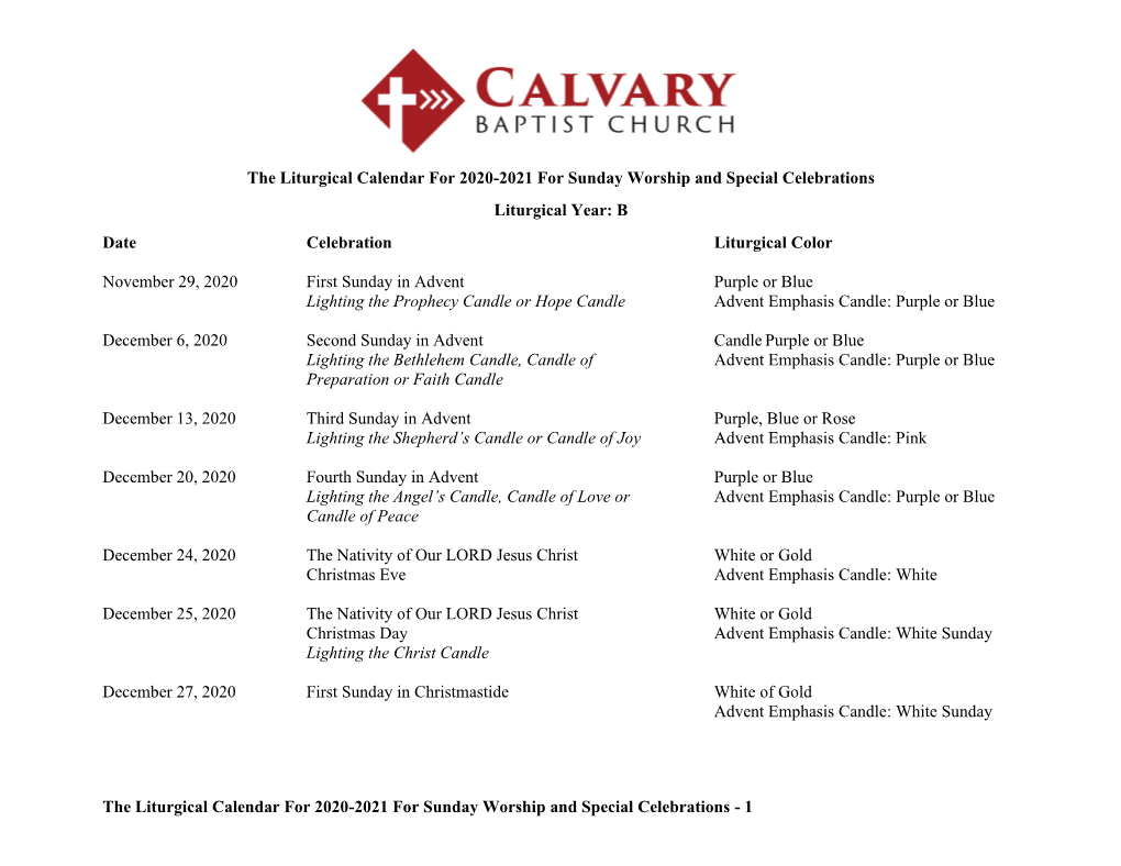 The Liturgical Calendar For 2020-2021 For Sunday Worship And Special ...