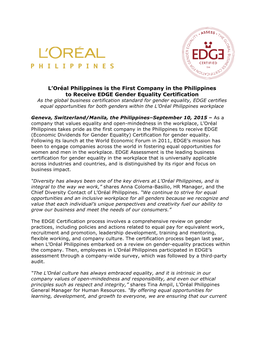L'oréal Philippines Is the First Company in the Philippines To