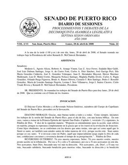 Senado De Puerto Rico Diario De Sesiones Procedimientos Y Debates De La Decimoquinta Asamblea Legislativa Septima Sesion Ordinaria Año 2008 Vol