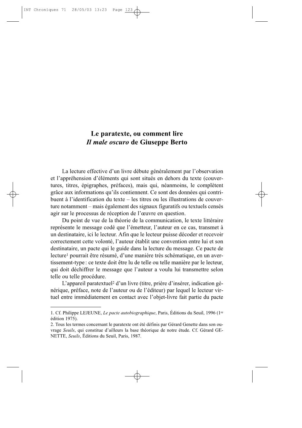 Le Paratexte, Ou Comment Lire Il Male Oscuro De Giuseppe Berto