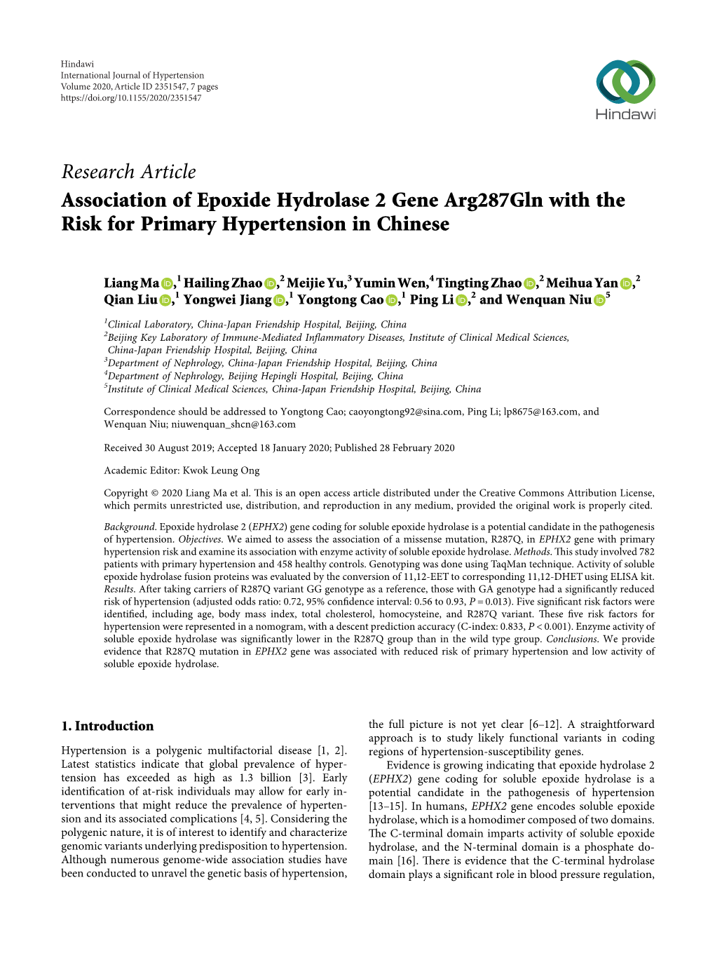 Association of Epoxide Hydrolase 2 Gene Arg287gln with the Risk for Primary Hypertension in Chinese