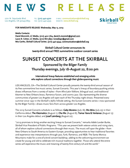 SUNSET CONCERTS at the SKIRBALL Sponsored by the Bilger Family Thursday Evenings, July 18–August 22, 8:00 Pm