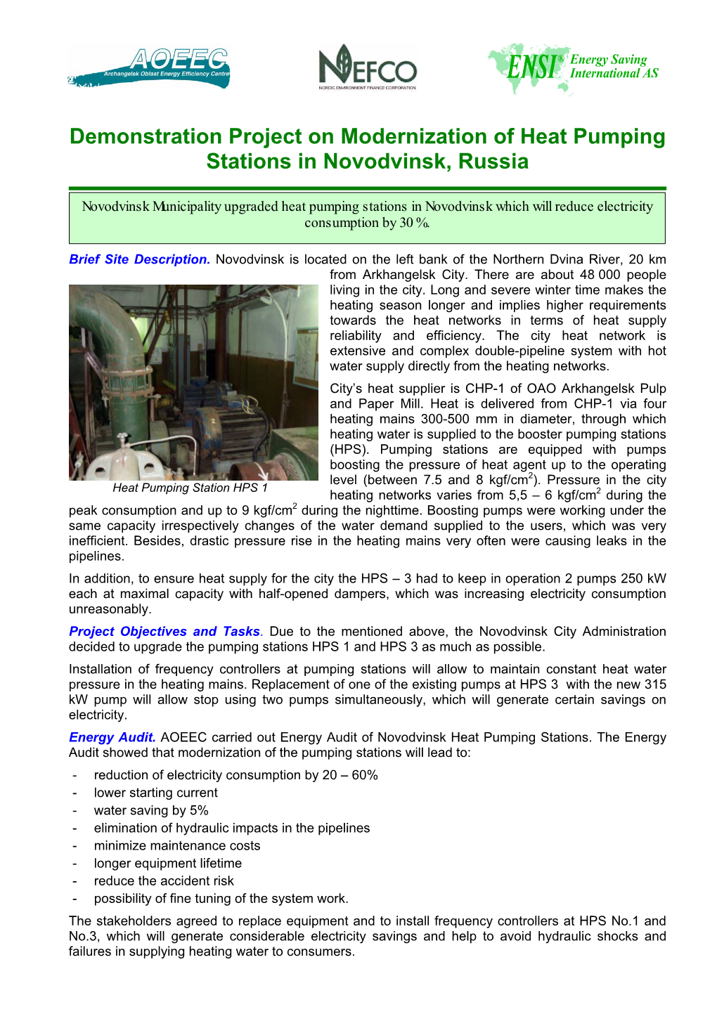 Demonstration Project on Modernization of Heat Pumping Stations in Novodvinsk, Russia