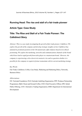 Case Study Title: the Rise and Stall of a Fair Trade Pioneer