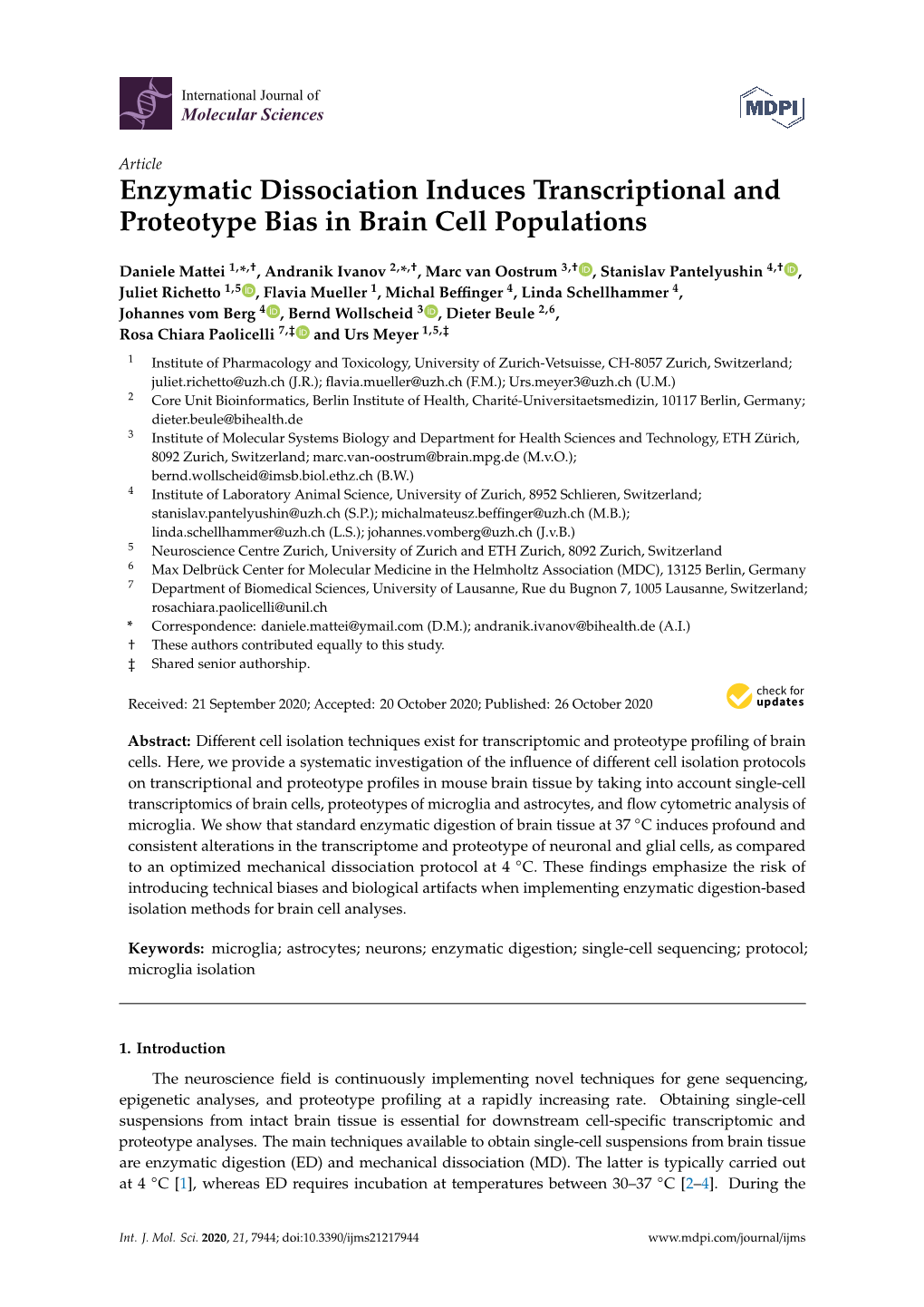 Enzymatic Dissociation Induces Transcriptional and Proteotype Bias in Brain Cell Populations