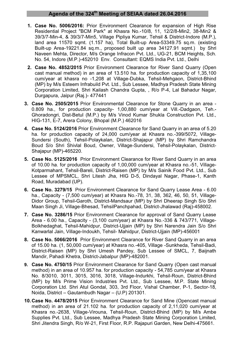 Agenda of the 324 Meeting of SEIAA Dated 26.04.2016