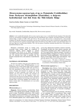 Moravecnema Segonzaci Gen. Et Sp. N. (Nematoda: Cystidicolidae) from Pachycara Thermophilum (Zoarcidae), a Deep-Sea Hydrothermal Vent Fish from the Mid-Atlantic Ridge