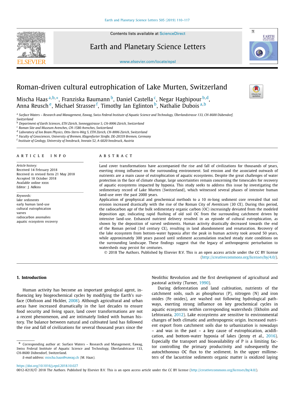 Roman-Driven Cultural Eutrophication of Lake Murten, Switzerland