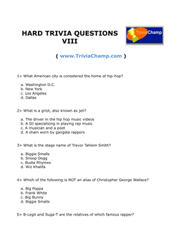 Hard Trivia Questions Viii