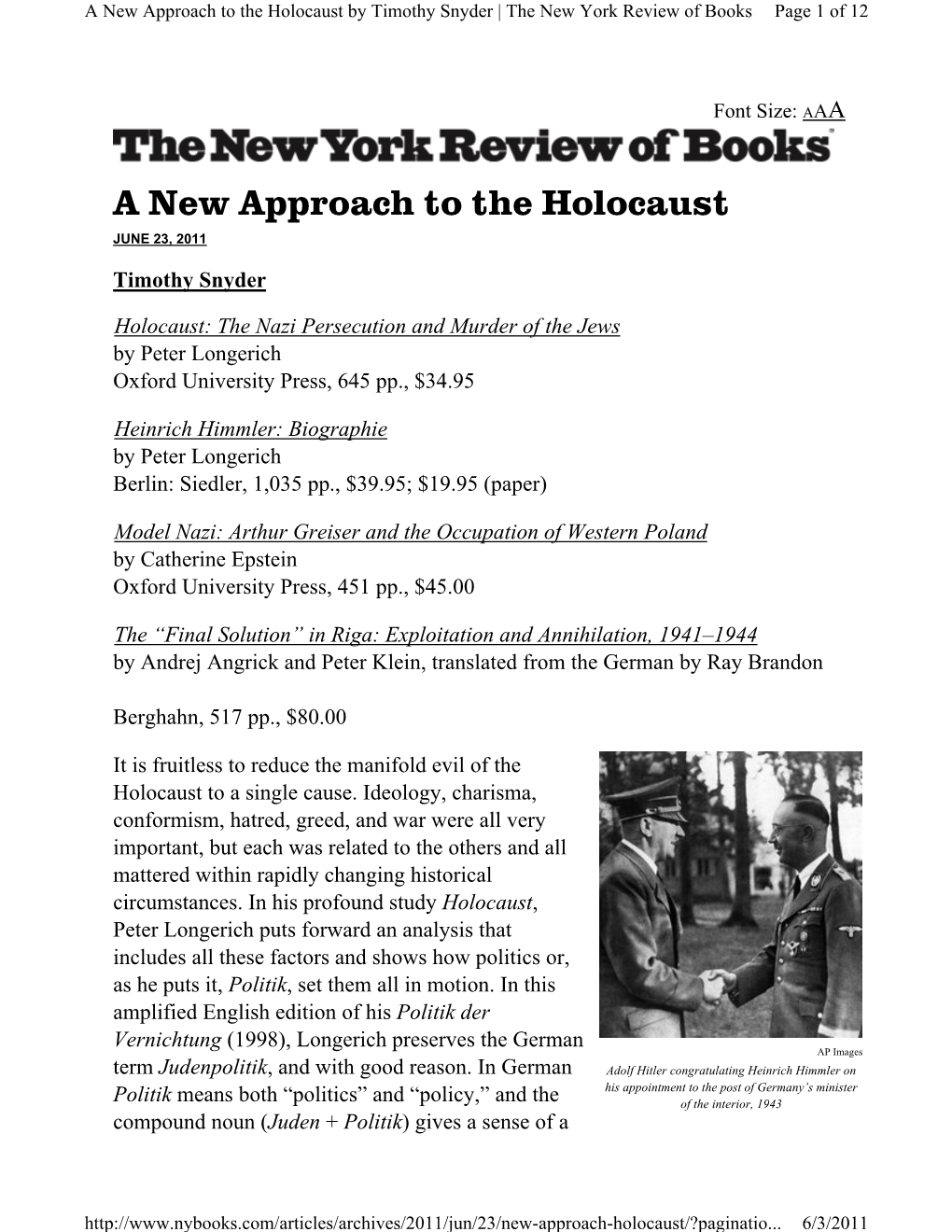 A New Approach to the Holocaust by Timothy Snyder | the New York Review of Books Page 1 of 12